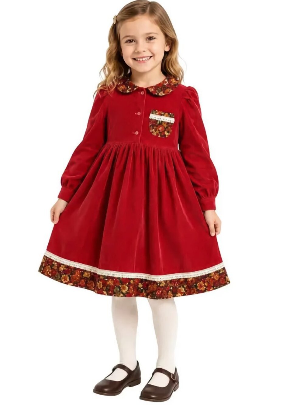 Vintage 70s Girls Corduroy Prairie Dress Red Floral Handmade‎ Size 6 Cottagecore